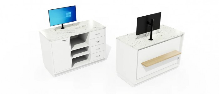 retail checkout desk with POS and drawers