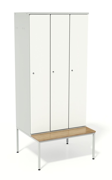 three section metal lockers with bench 